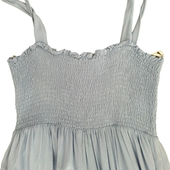 Lulus Smocked Midi Dress size Medium Light Blue Tie Shoulder Lined - Picture 5 of 9